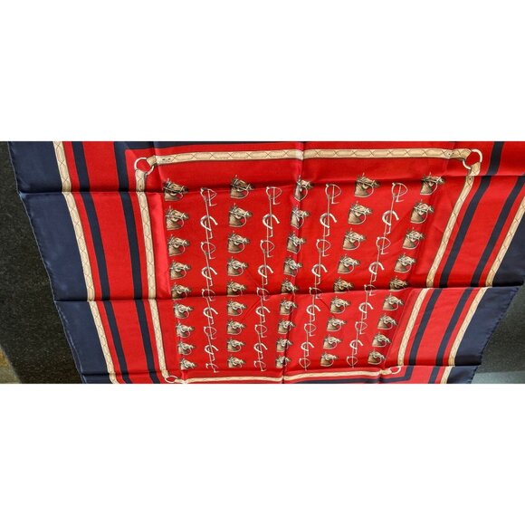 Vtg 1970's DAMON All Silk Equestrian Scarf Made In Italy Hand Rolled Red Blue - Picture 3 of 10